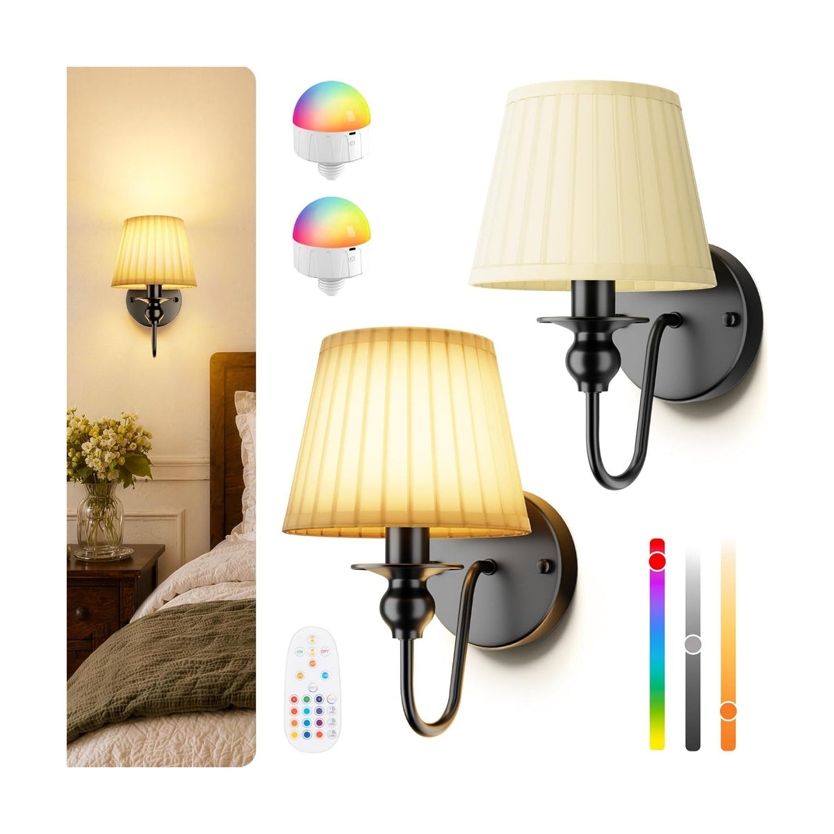 6000mAh Battery Operated Wall Sconces Set of 2, Black, 10.6 Inch | Dimmable, 15 RGB, Renter Friendly, Rechargeable