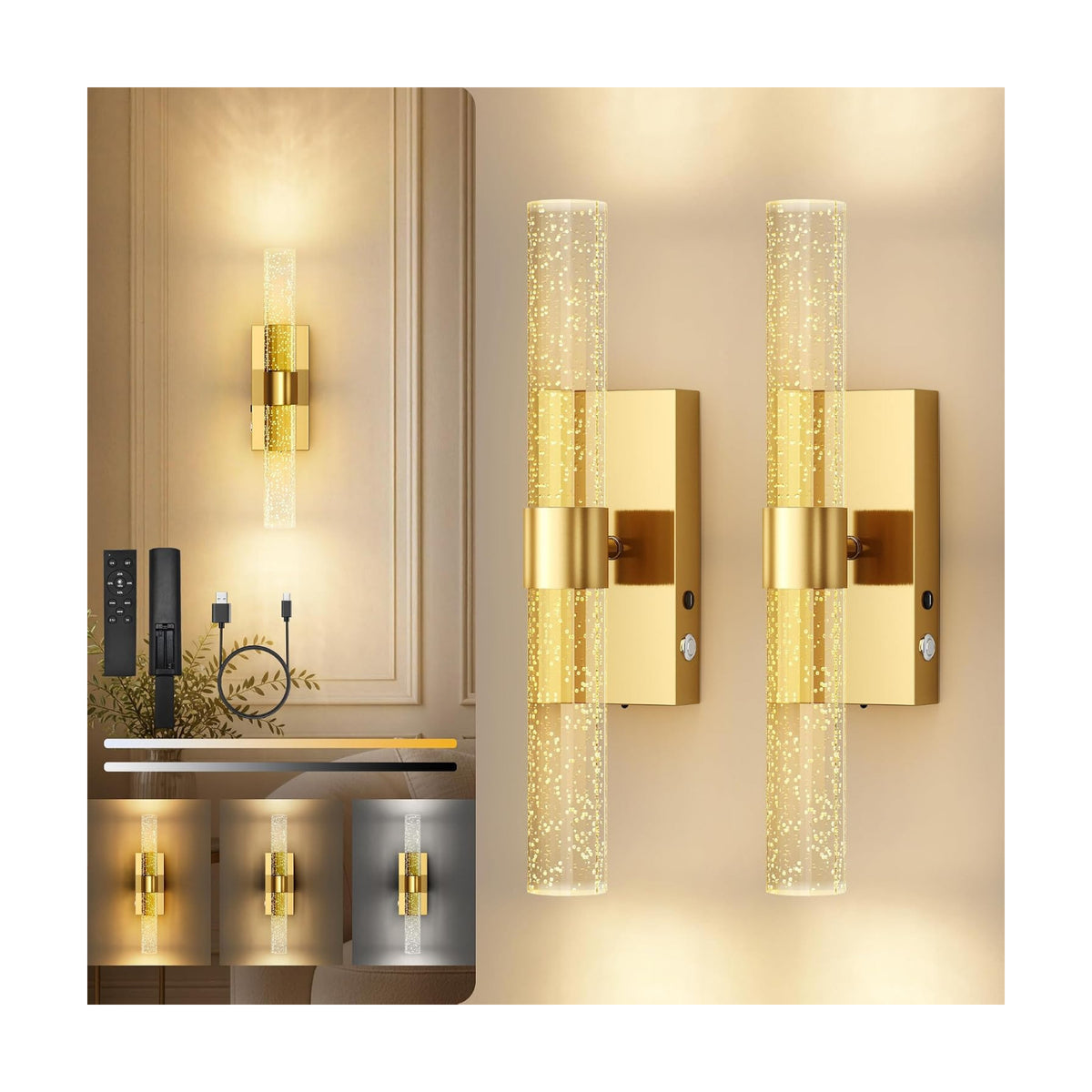 10000mAh Battery Operated Wall Sconces Set of 2, Gold, 15.3 Inch | 3CCT, Renter Friendly, Rechargeable Wall lights