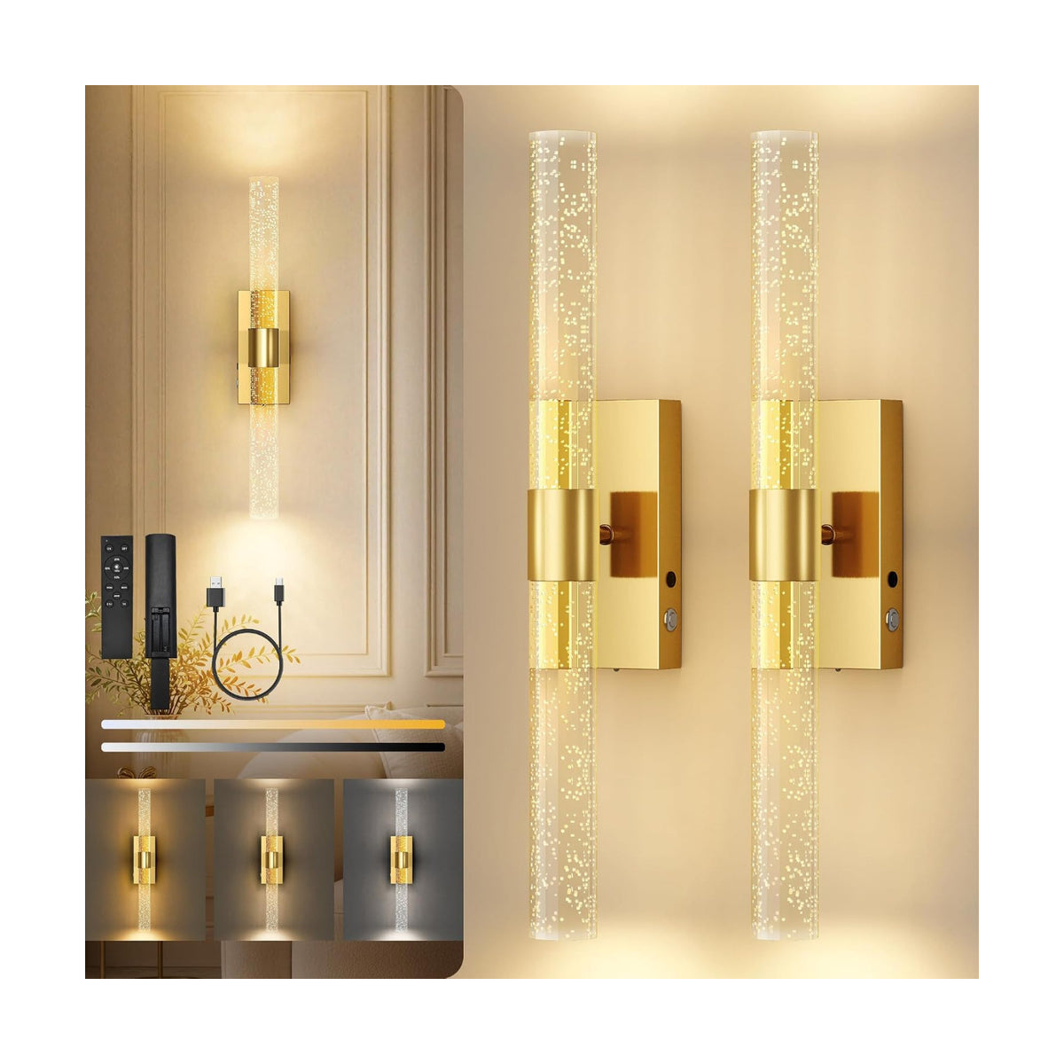 10000mAh Battery Operated Wall Sconces Set of 2, Gold, 20 Inch | 3CCT, Renter Friendly, Rechargeable Wall lights