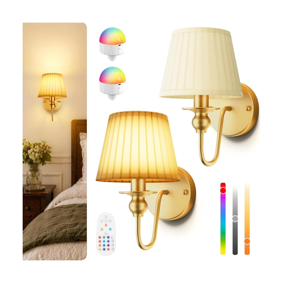 6000mAh Battery Operated Wall Sconces Set of 2, Gold, 10.6 Inch | Dimmable, 15 RGB, Renter Friendly, Rechargeable