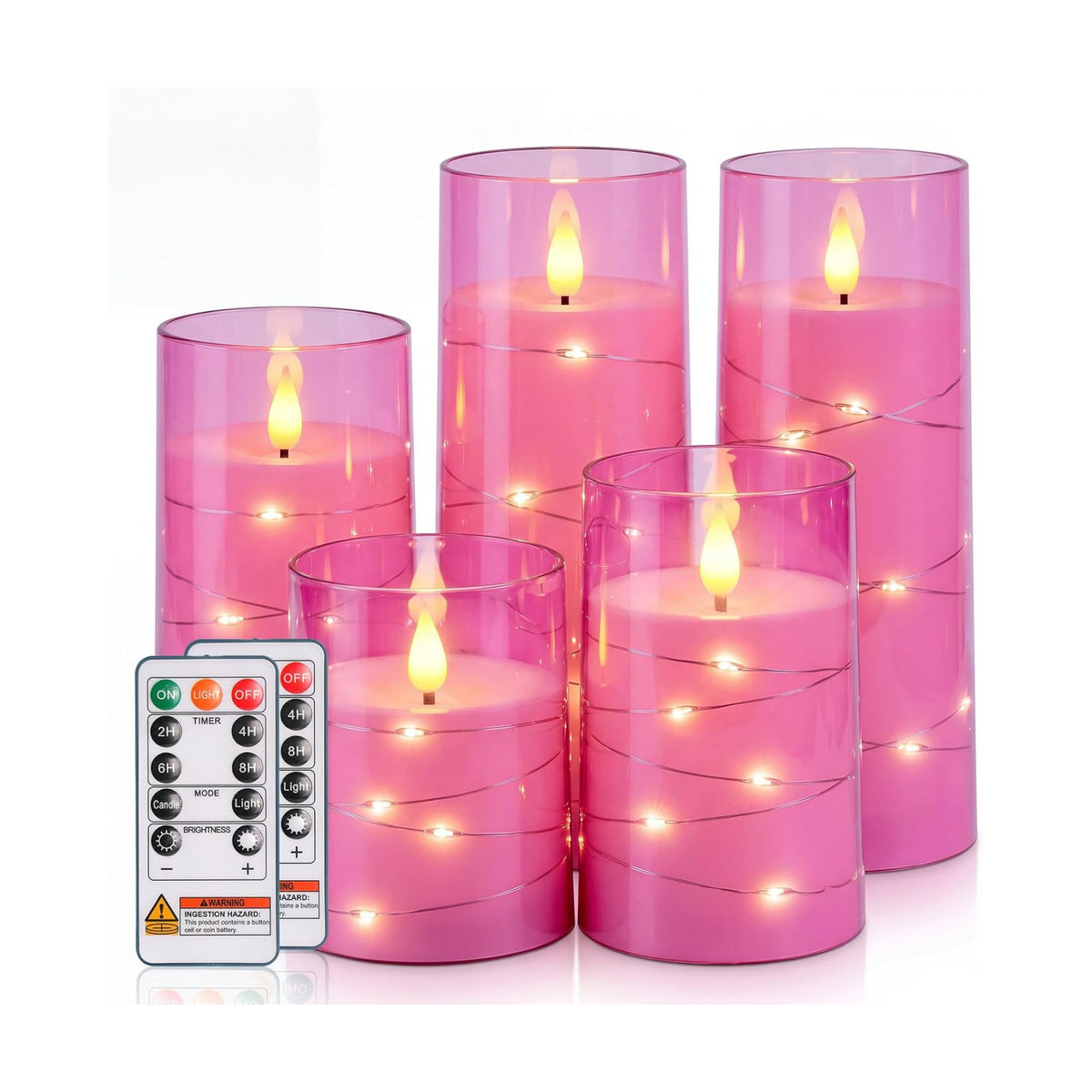 Homemory Flickering Flameless Candles, Pink LED Pillar Candles with Remote | Acrylic Battery Operated Timer Candles