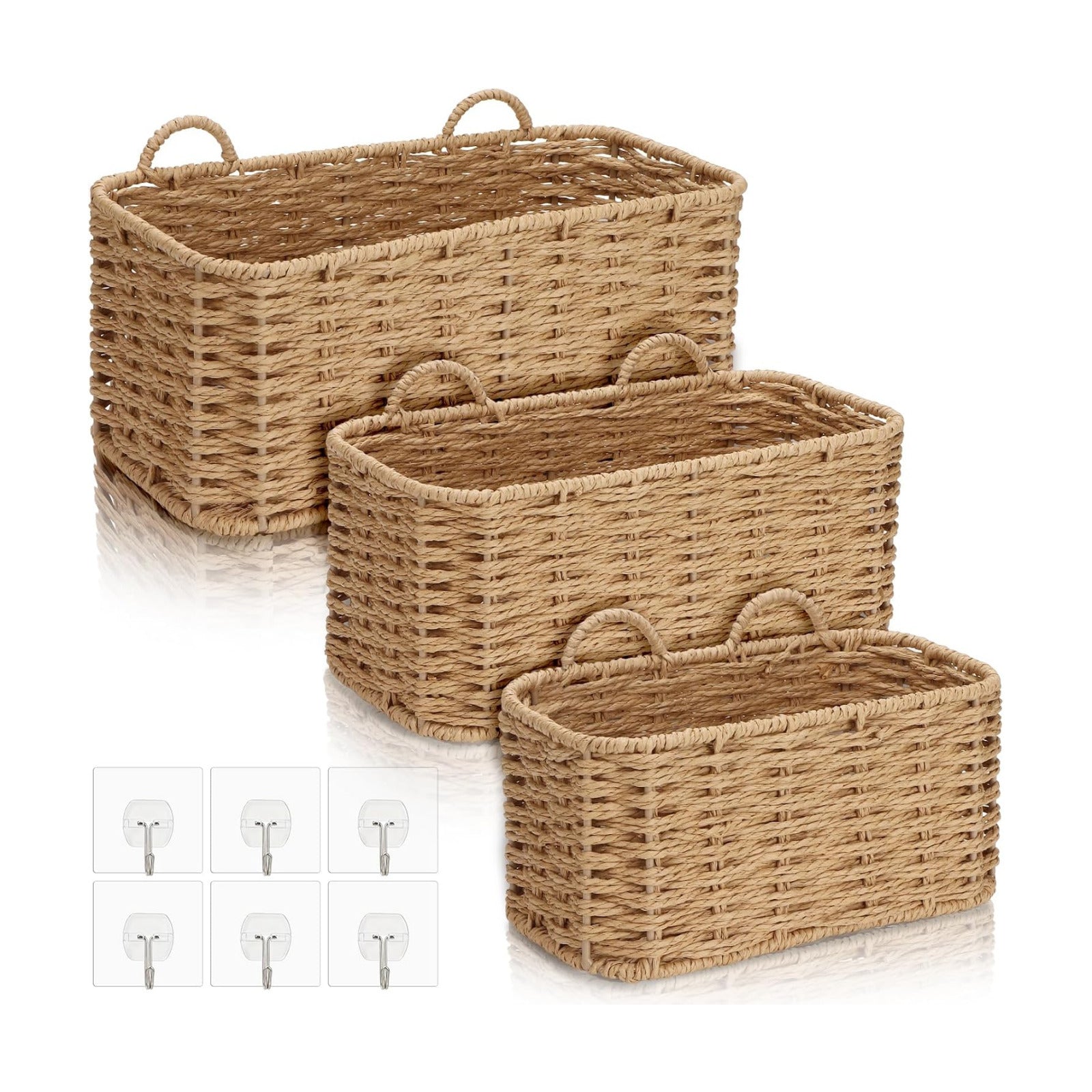 3 Piece Boho Wall Hanging Baskets for Organizing Paper Rope Woven / Natural Color / Rectangular