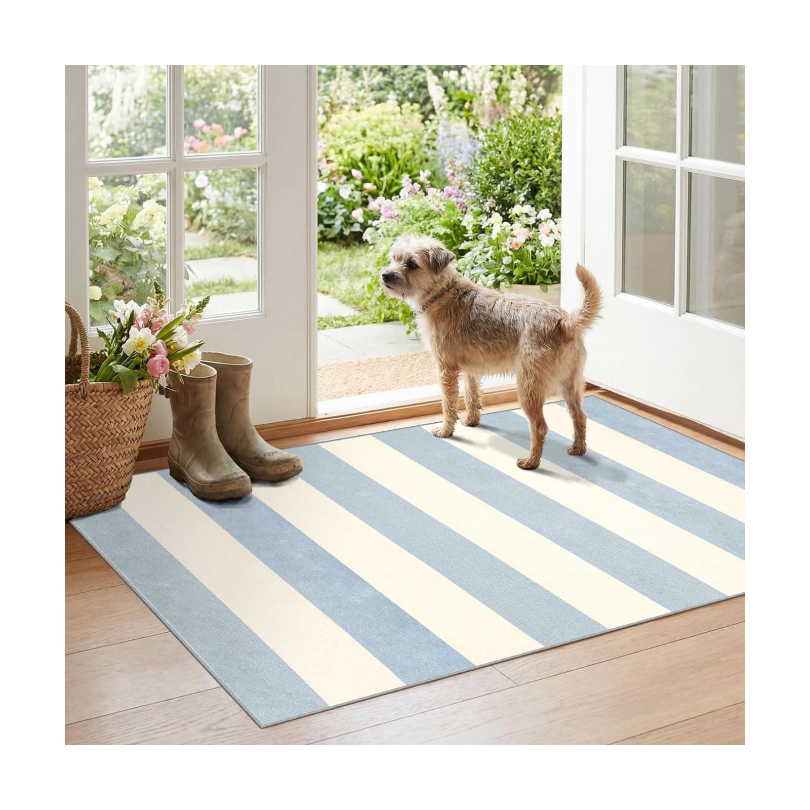 Blue White Striped Outdoor Rug - 28" x 43" Front Door Mat Indoor Outside Entrance Non-Slip Washable Summer Welcome Mat