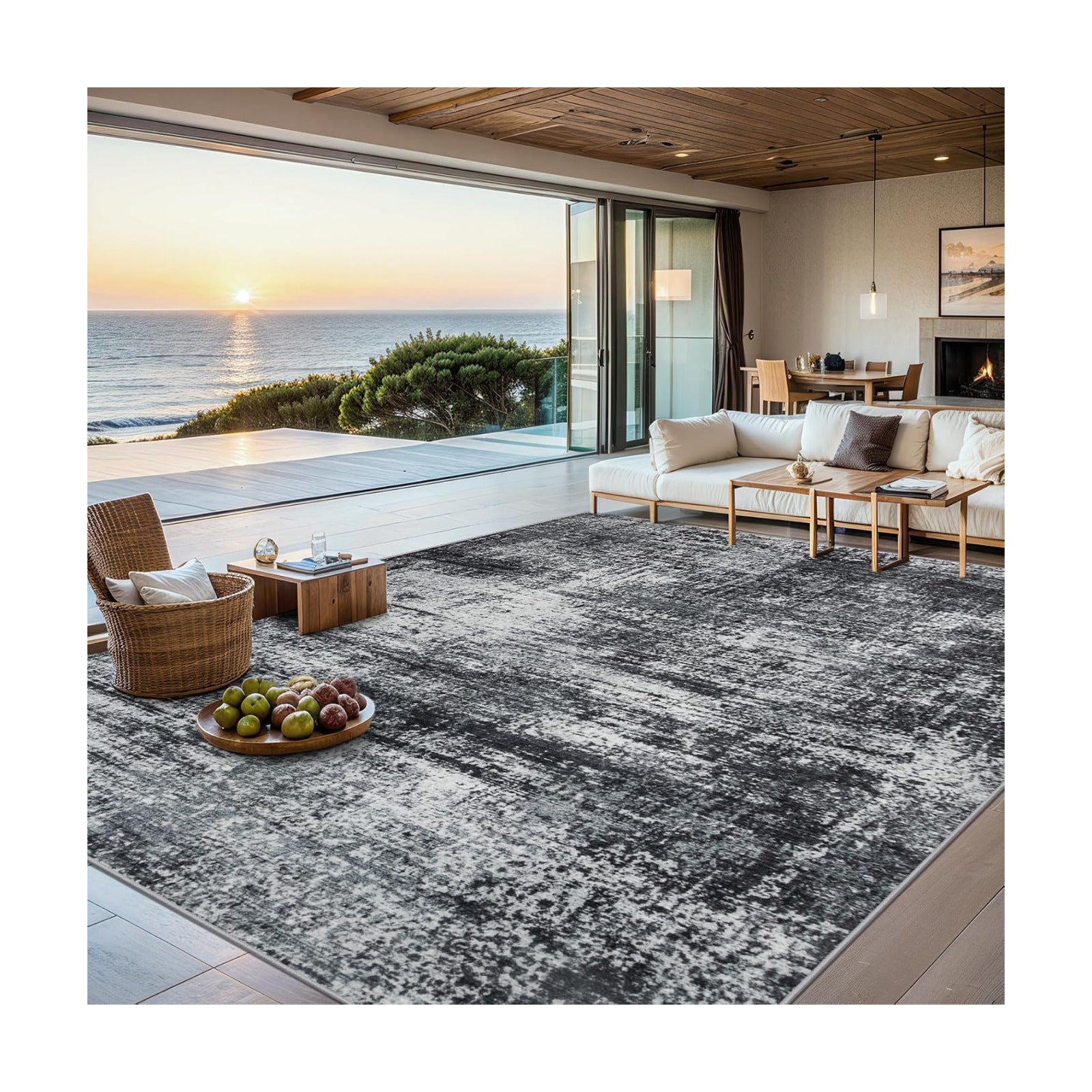 PLHXFR 8x10 Area Rug Living Room: Abstract Washable Carpet Dark Black