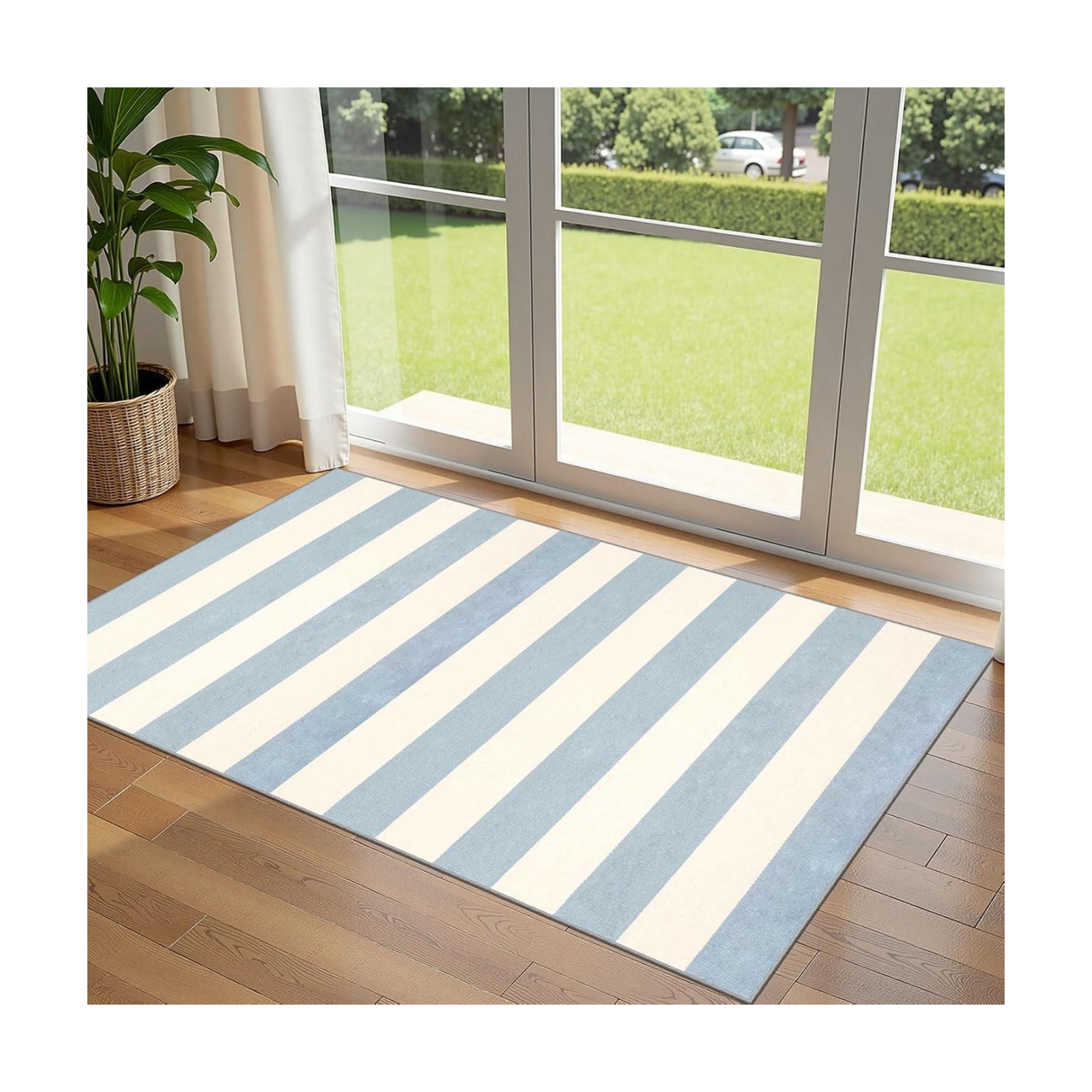 3x5 Entry Rug - Small Washable Indoor Outdoor Mats for Front Door Non-Slip Porch Rug Summer Blue White Coastal Striped