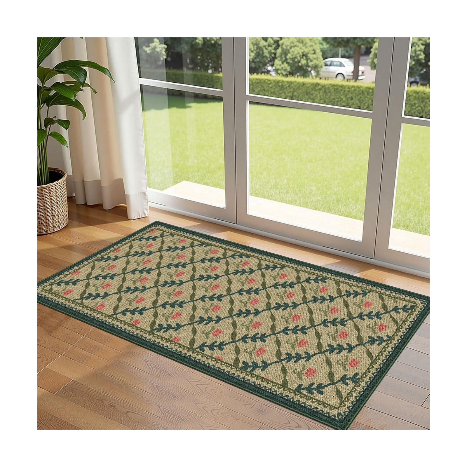 Front Door Mat Indoor Entrance - 2x4.3 Khaki Floral Trellis Rug