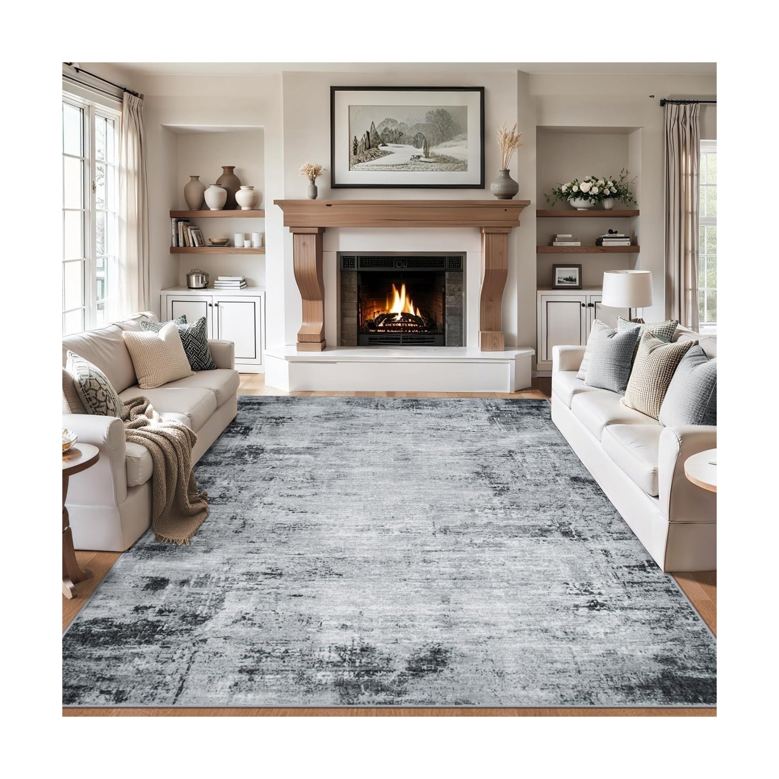 PLHXFR 9x12 Area Rug Living Room: Modern Abstract Washable Carpet Black