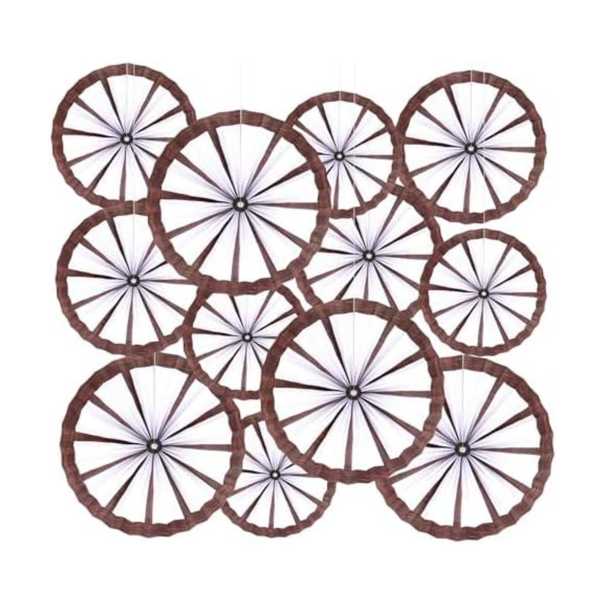 BestoFun 12PCS Western Cowboy Party Decorations Set - Paper Fans, Wagon Wheels & Straw Hay Bales Hanging Ceiling Wall Decor for Ranch Birthday Baby Shower Theme