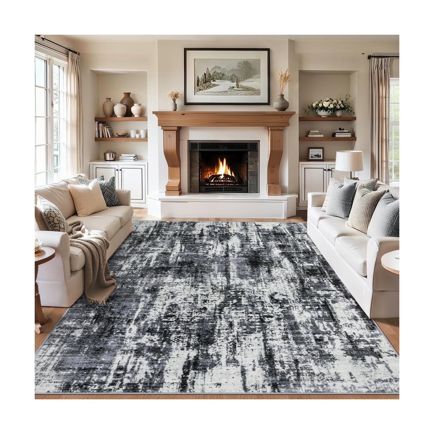 PLHXFR 9x12 Area Rug Living Room: Modern Abstract Washable Carpet Black