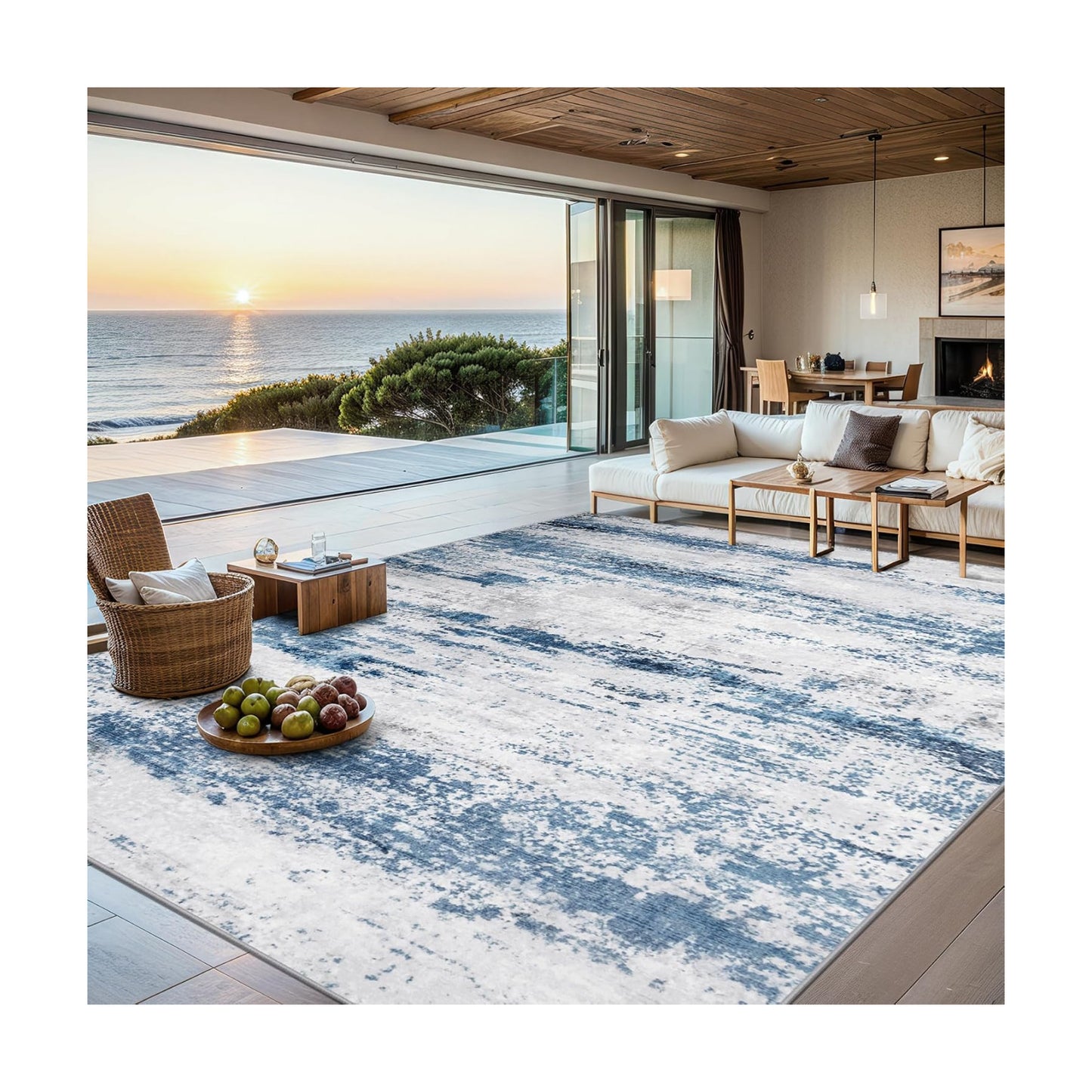 PLHXFR 6x9 Area Rug Living Room: Abstract Washable Carpet White Blue