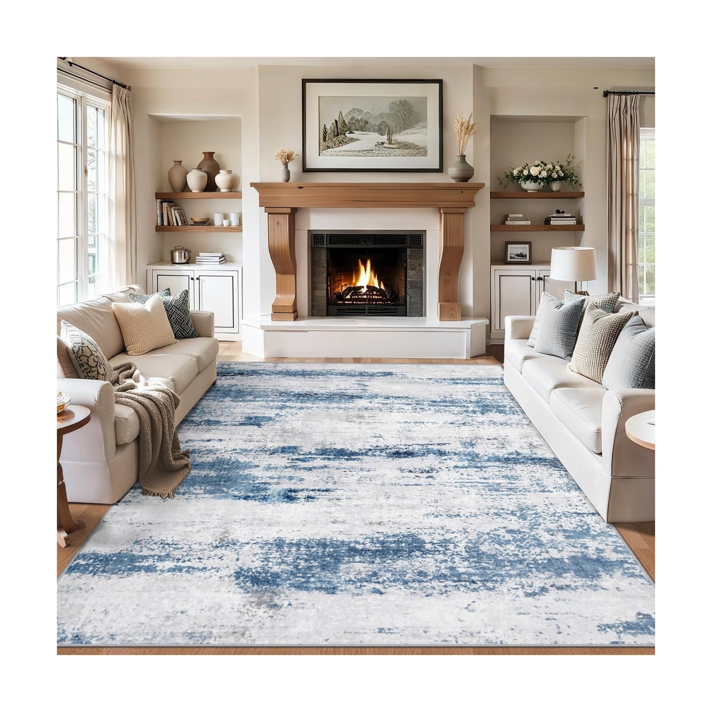 PLHXFR 10x12 Area Rug Living Room: Abstract Washable Carpet White Blue