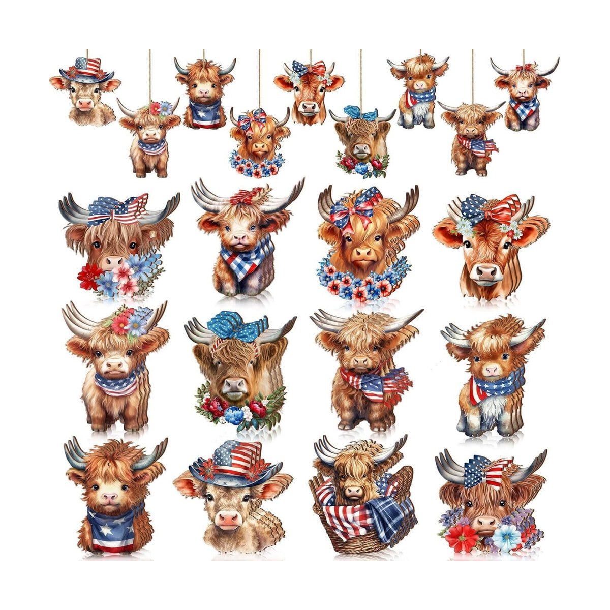 12 Pcs 4th of July Patriotic Wood Ornaments Hanging Decoration 250th Anniversary Tree Ornaments with Cute Cartoon Highland Cattle Designs for Independence Day Home Tree Decorations