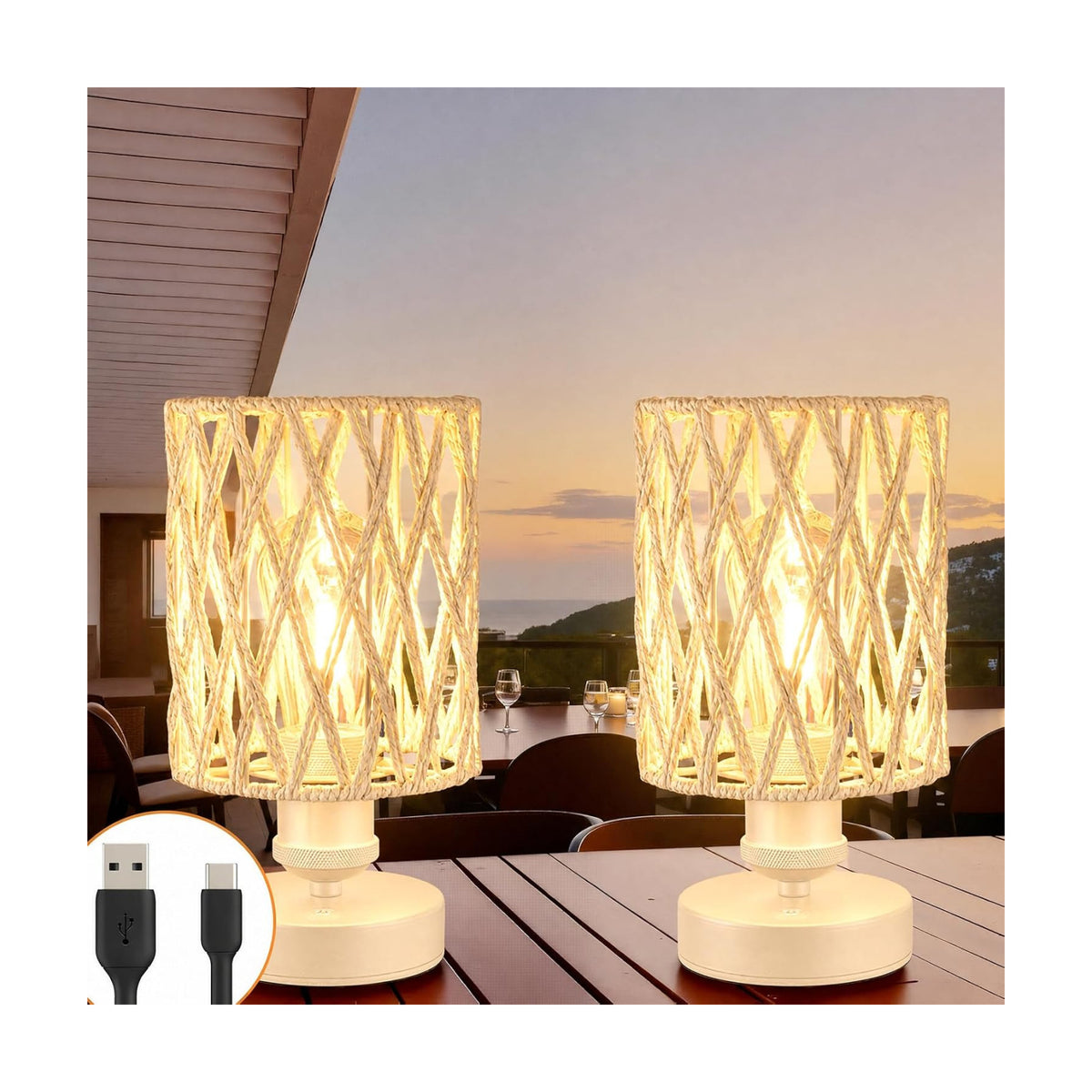 Cordless Outdoor Table Lamps, Small Rattan Boho, Rechargeable Battery Operated for Outdoor Patio, Home, Living Room