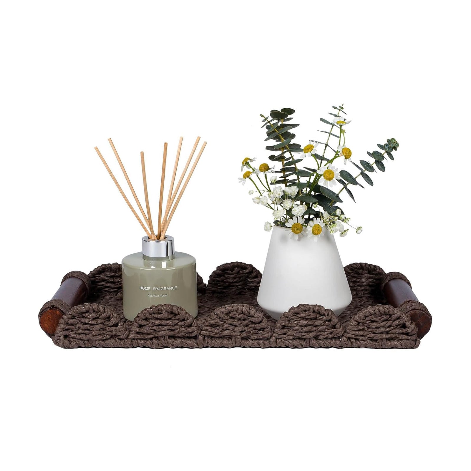 Scalloped Decorative Tray w/Wood Handle for Counter / Brown / 13 x 6.3 x 1.6