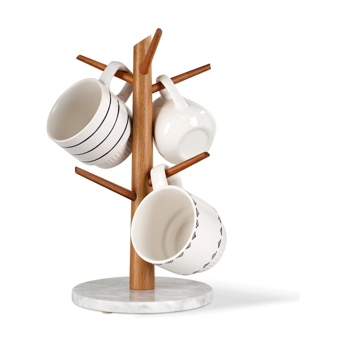 Acacia Wood Mug Tree, Marble Base | Coffee Mug Tree for Counter, Mug Holder Tree with 6 Hooks for Kitchen Coffee Bar