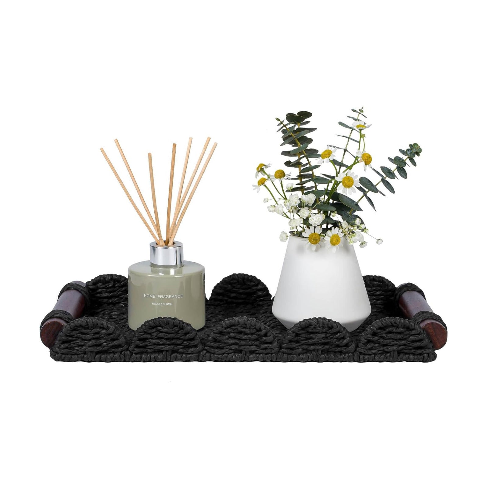Scalloped Decorative Tray w/Wood Handle for Counter / Black / 13 x 6.3 x 1.6