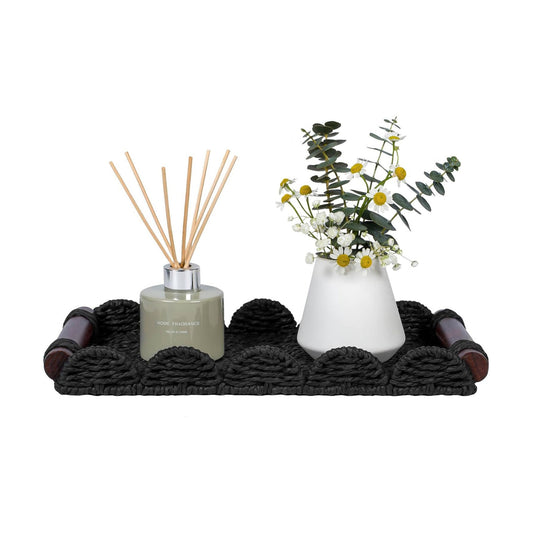 Scalloped Decorative Tray w/Wood Handle for Counter / Black / 13 x 6.3 x 1.6