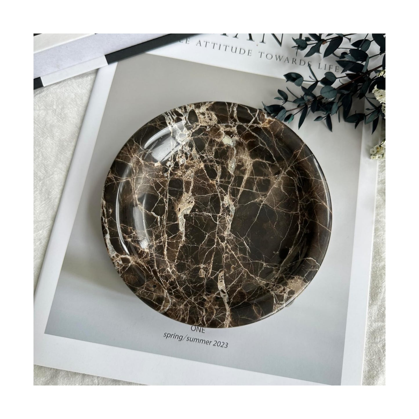Marble Tray / Dark Brown Round Marble Vanity Tray / Emperador Dark / Natural