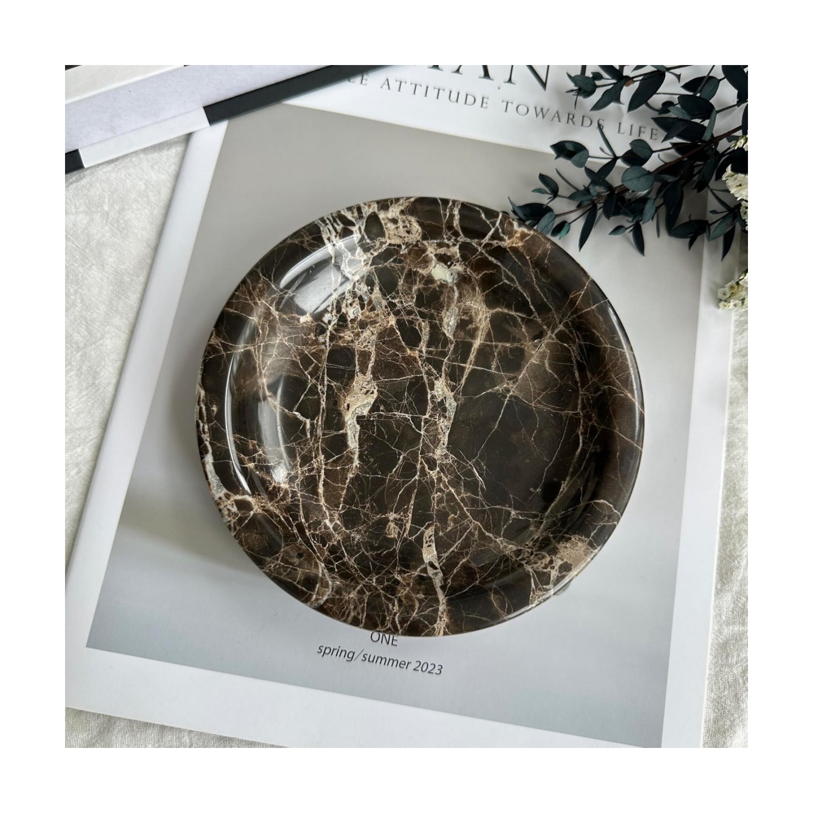 Marble Tray / Dark Brown Round Marble Vanity Tray / Emperador Dark / Natural