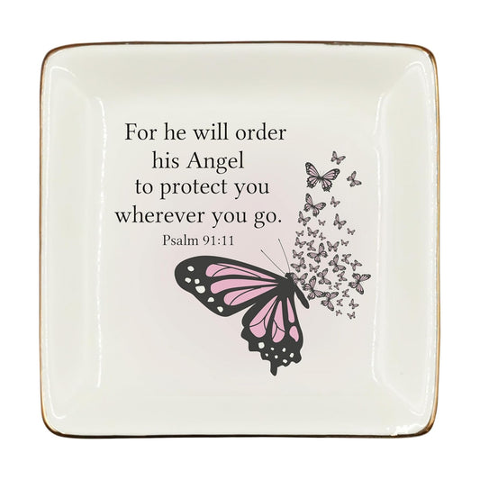 Christian Ceramic Jewelry Tray Dish / Butterfly / Pink