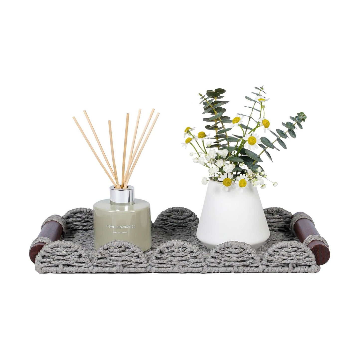 Scalloped Decorative Tray w/Wood Handle for Counter / Gray / 13 x 6.3 x 1.6
