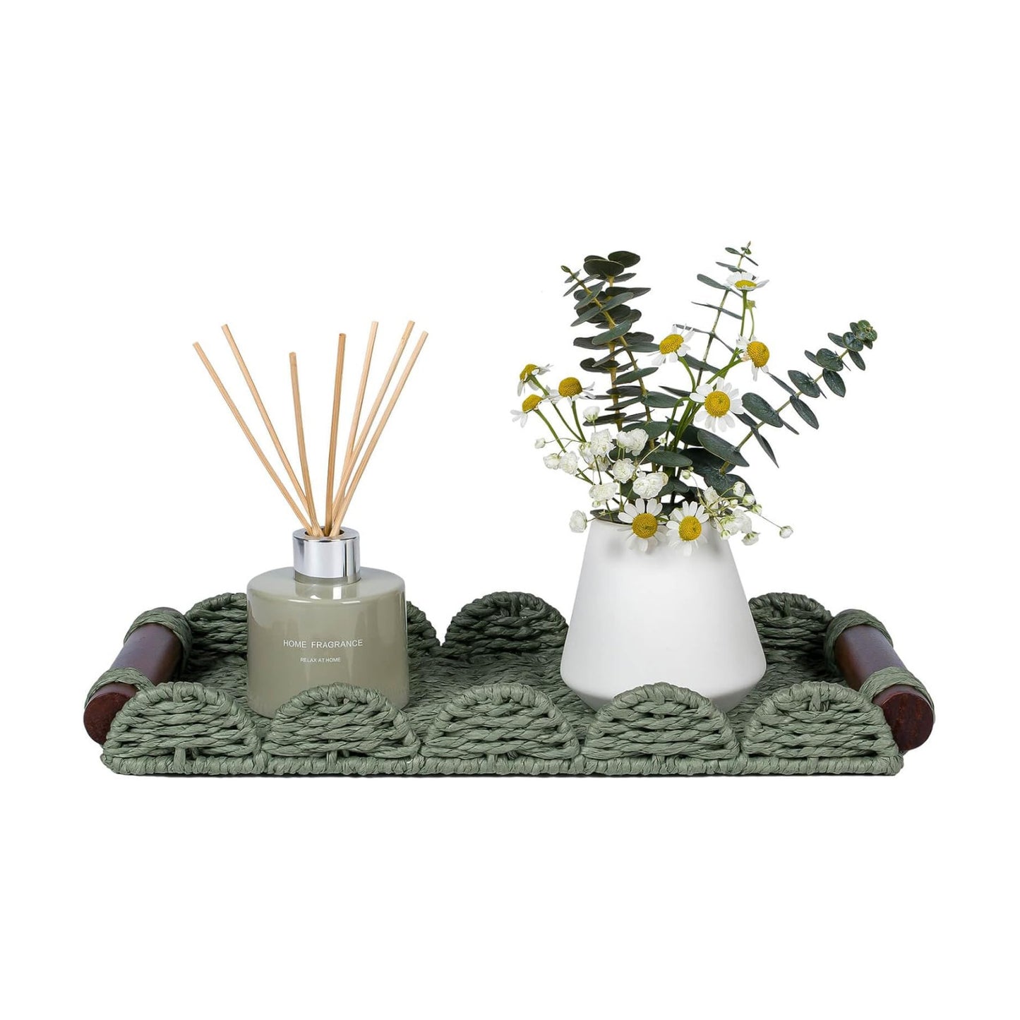 Scalloped Decorative Tray w/Wood Handle for Counter / Green / 13 x 6.3 x 1.6