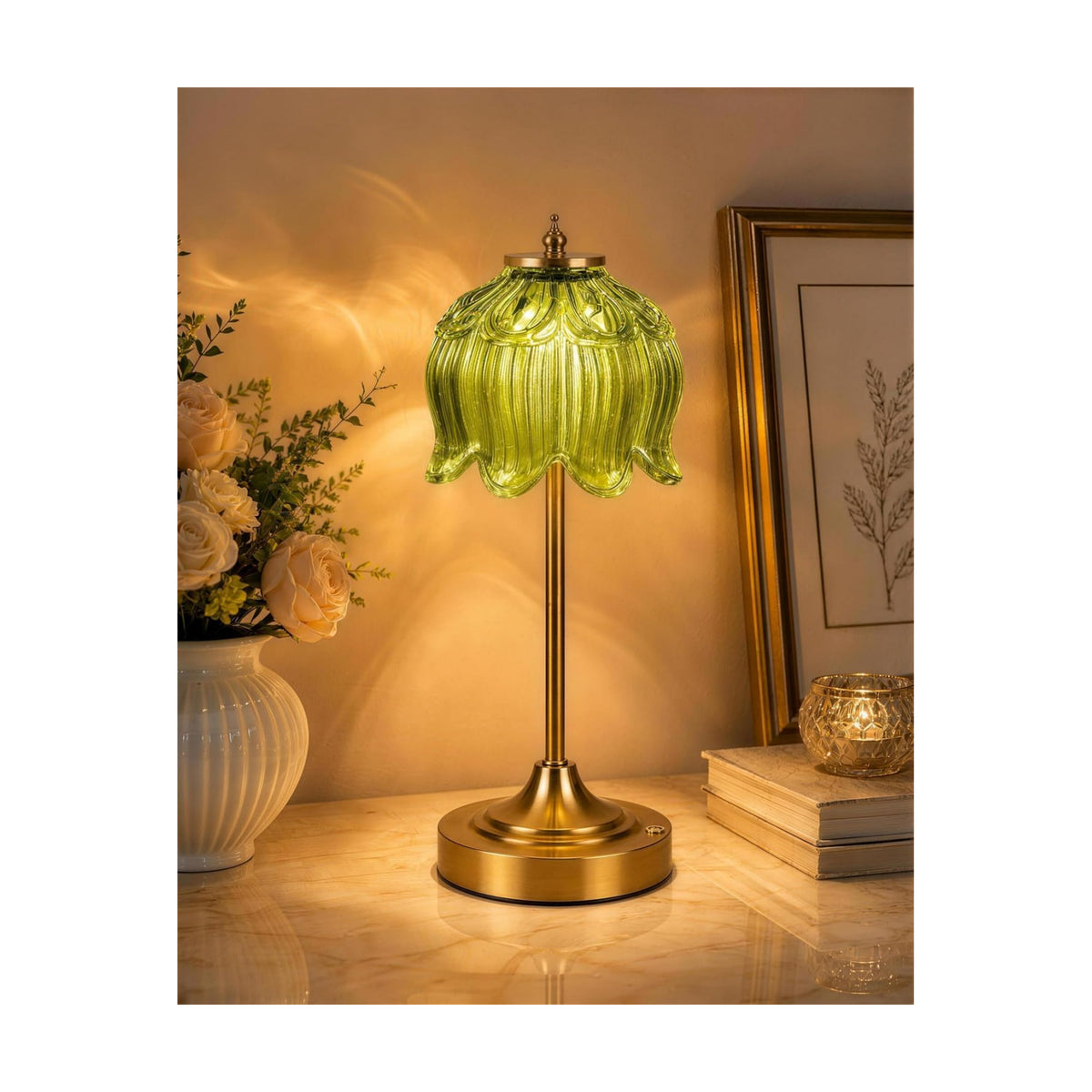 Lotus Flower Cordless Rechargeable Table Lamp, 3 Color Modes, Touch Control | 5200mAh Battery Powered Glass Table Lamp