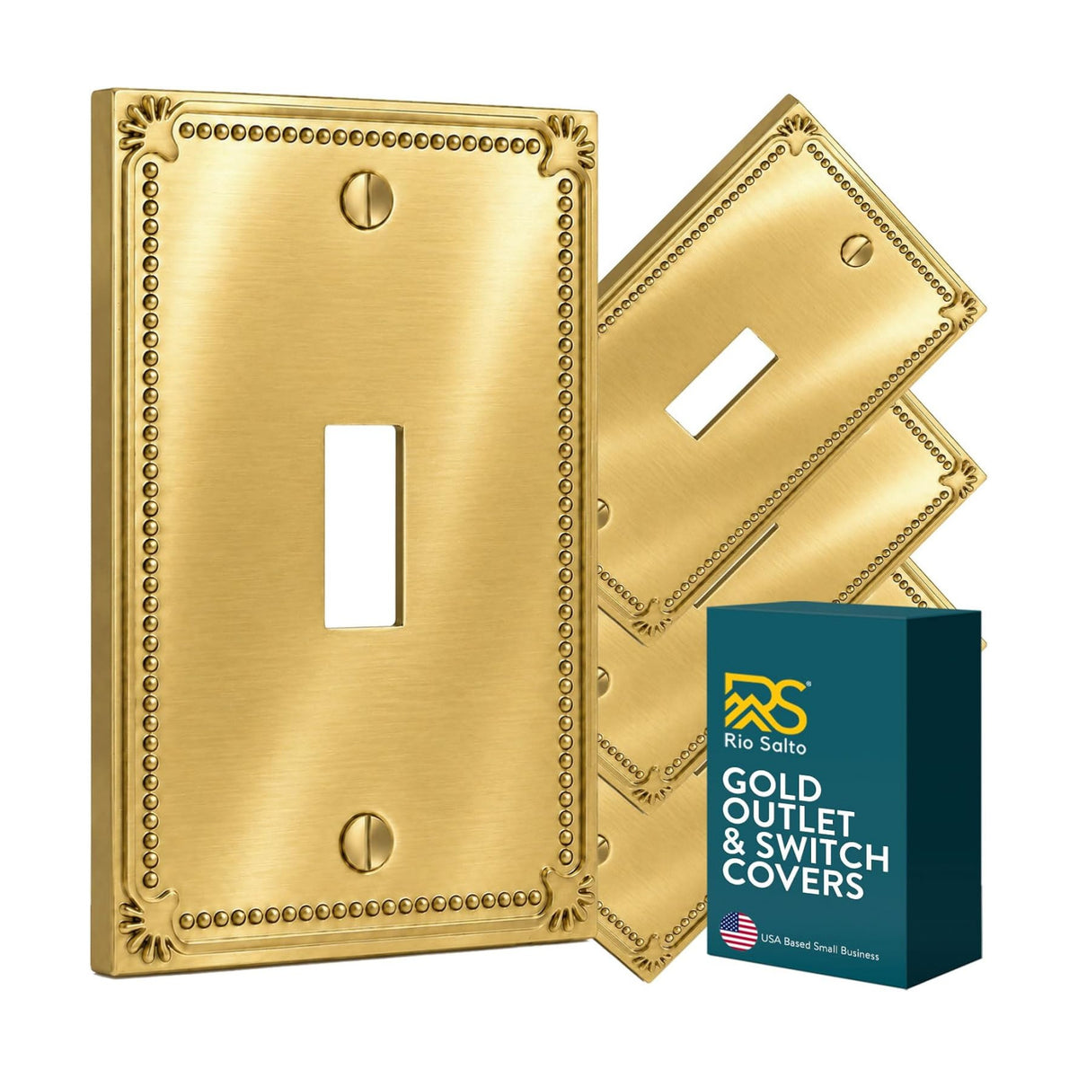Rio Salto Toggle Single Light Switch Cover Plate Flip Switch Wall Plates Brushed Gold Metal — Pearl Collection, 4-Pack