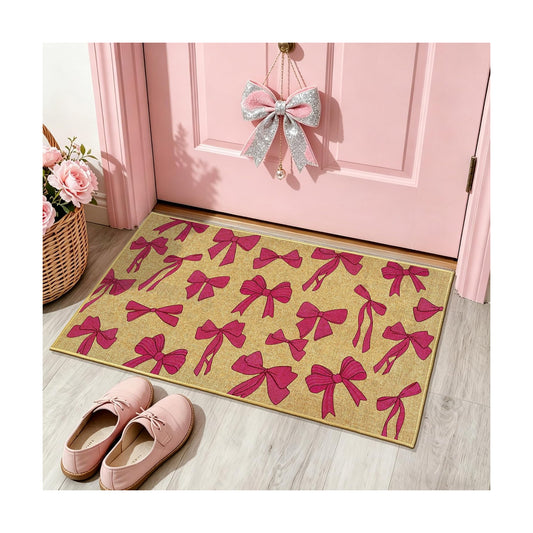 Bow Doormat Outdoor Indoor Pink Welcome Entrance Front Door Mat Bowknot Rug
