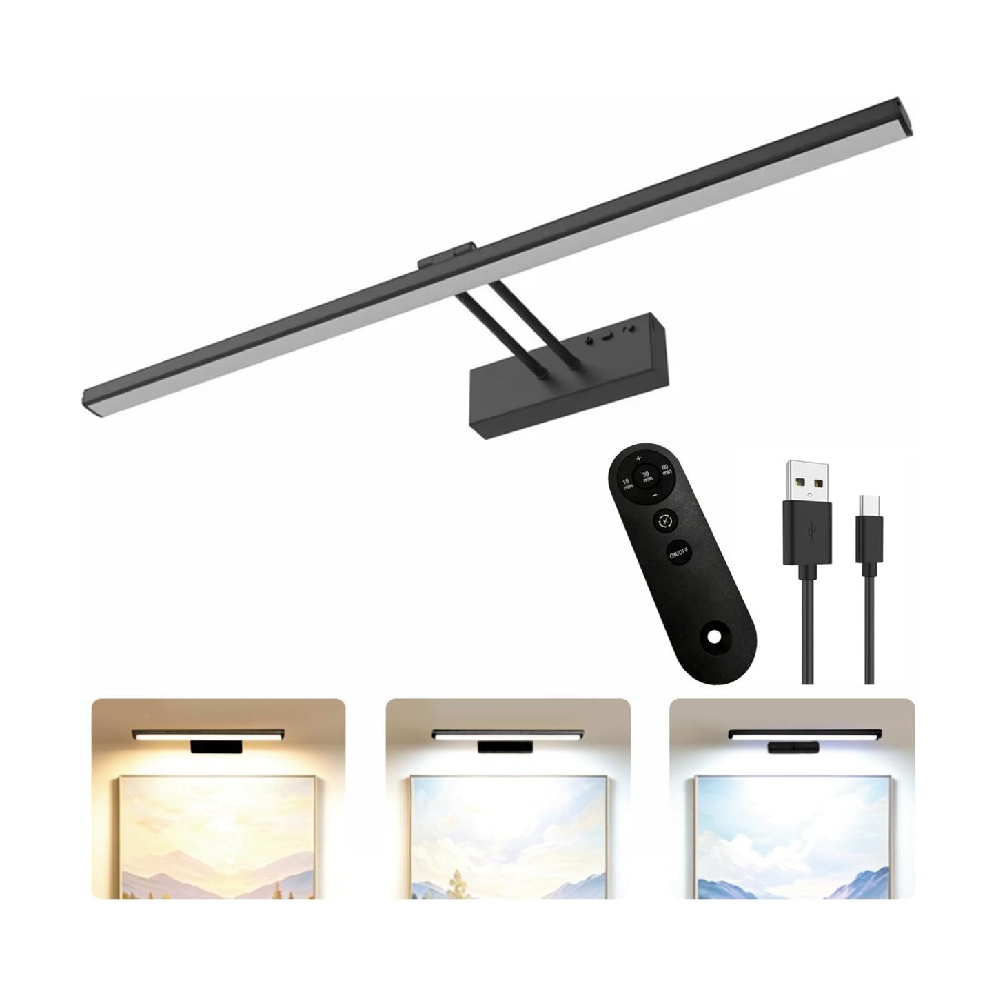 24" Wireless Picture Light, Dimmable Rechargeable Wall Light for Artwork | 5400mAh Cordless Black Wall Sconce