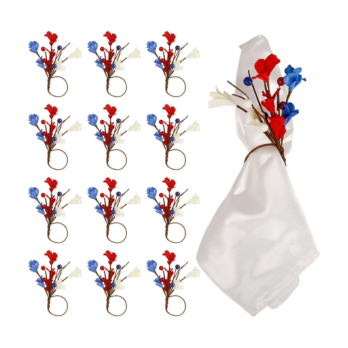 Handmade Independence Day Flower Napkin Rings Set of 12, Rustic Napkin Ring