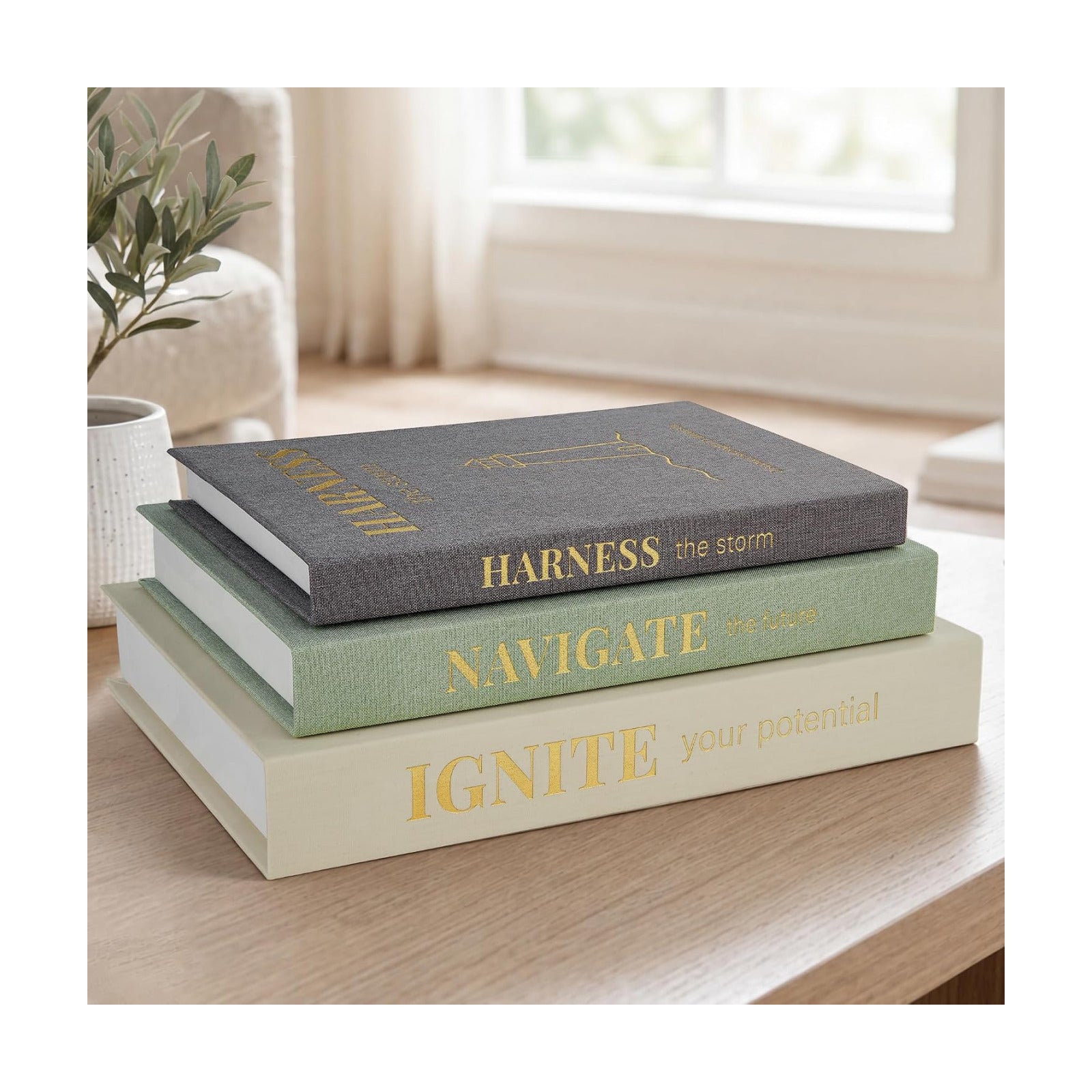 Faux Books / Linen Fake Book Box / Minimalist Begie-green-grey / Set of 3