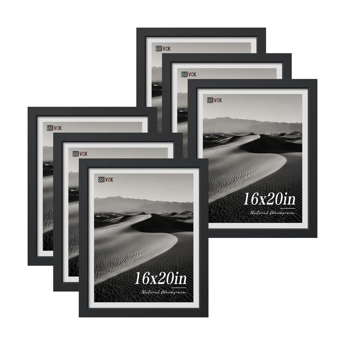 VCK 16x20 Picture Frames Black - 6 Pack, Wide Border Wood Poster Frame, Multi-Directional Display Family Photos, Office
