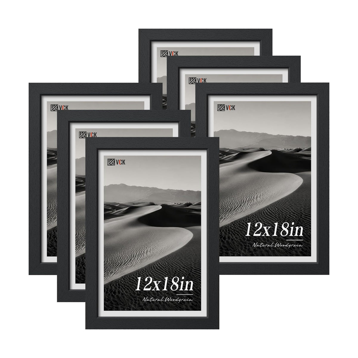 VCK 12x18 Picture Frames Black - 6 Pack, Wide Border Wood Poster Frame, Multi-Directional Display Family Photos, Office
