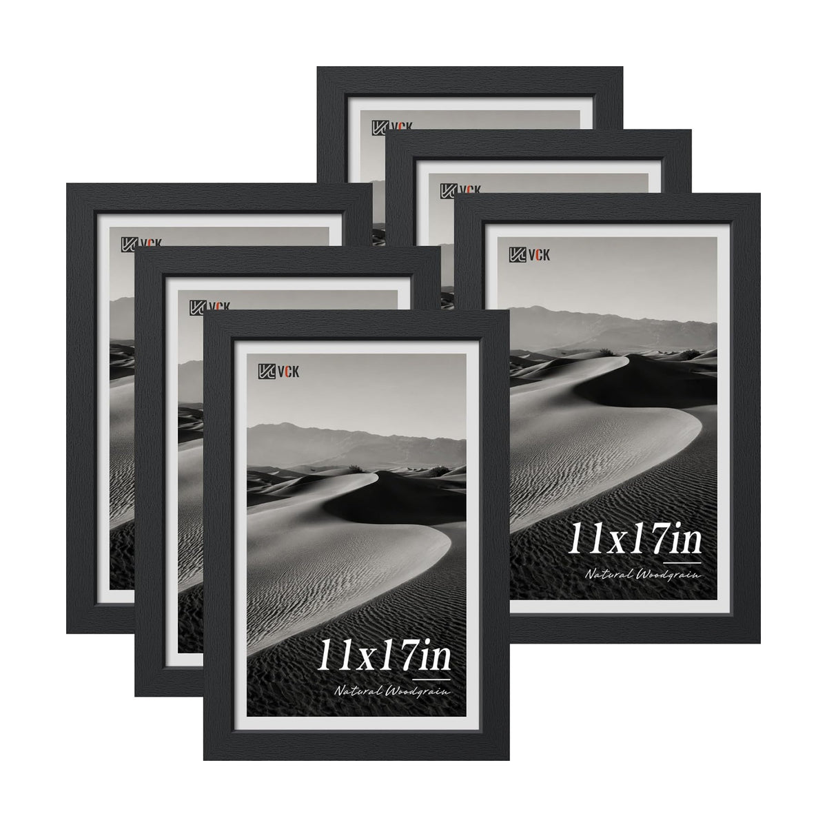 VCK 11x17 Picture Frames Black - 6 Pack, Wide Border Wood Poster Frame, Multi-Directional Display Family Photos, Office