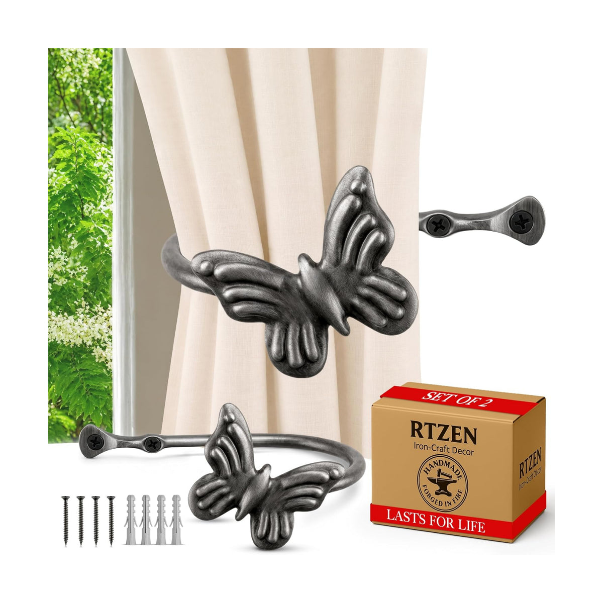 Metal Curtain Tiebacks, Drapery Holders for Wall, 2 Pcs | Farmhouse Wrought Iron Curtain Holdbacks, Ornamental Window