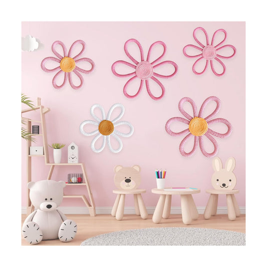 Boho Daisy Flower Wall Decor Woven Floral Art Wall Hanging Supply / Cute Color / Pink / Set of 5