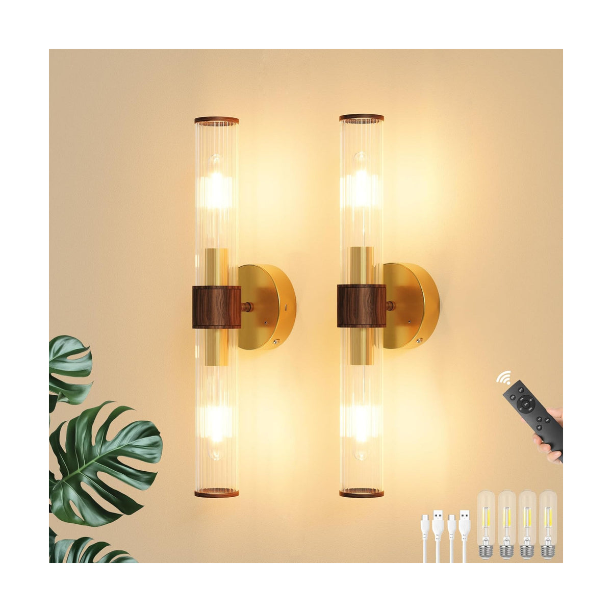 Morauroral Gold Walnut Battery Operated Wall Sconces Set of 2 | Rechargeable Wall Lights with Remote, 20 Inch Modern