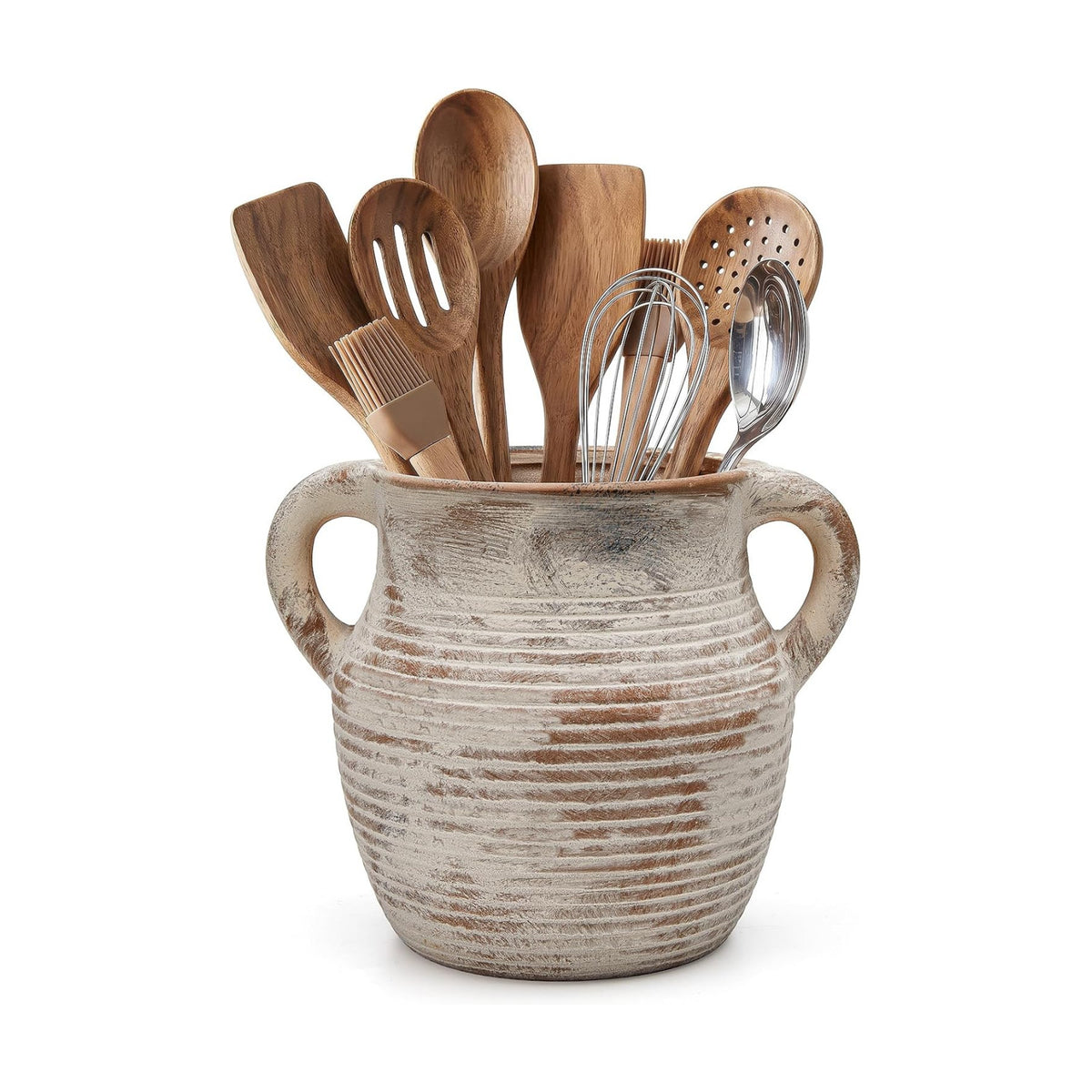 Rustic Utensil Holder for Kitchen Counter - Large Ceramic Farmhouse Cooking Utensil Crock & Organizer for Spatula