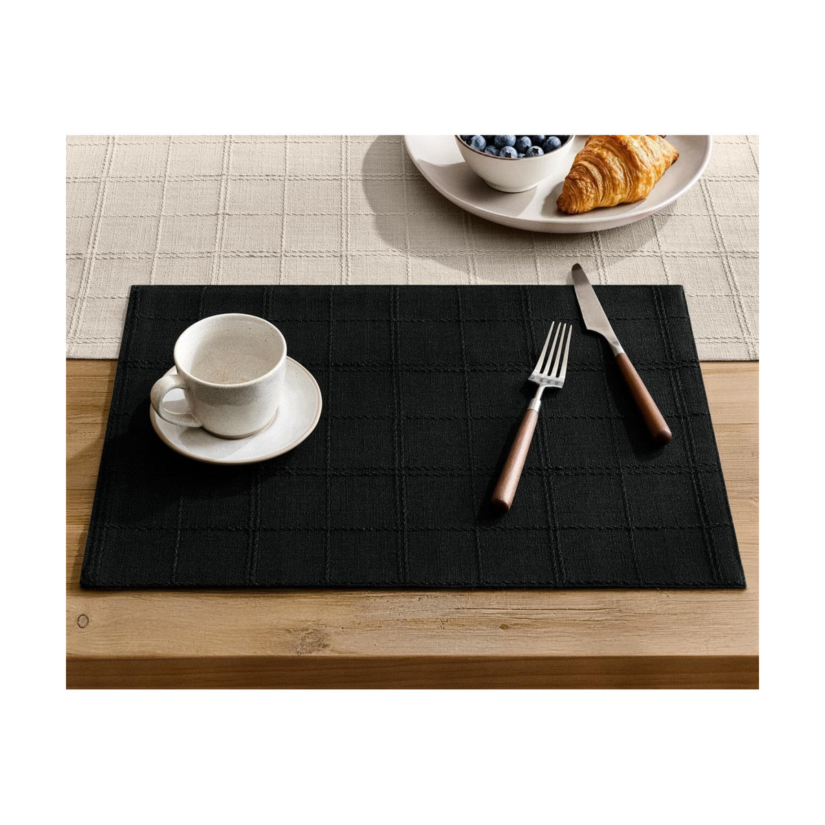 Linen Checked Farmhouse Placemats Set of 4, Black 13x19in | Double Layer, Reversible, Thick Textured Table Mats, Raised