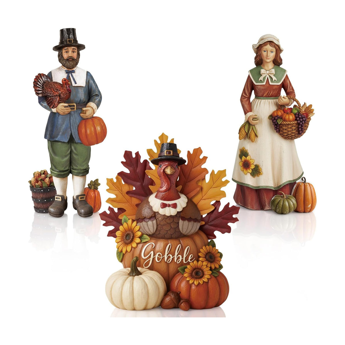 Simgoing 3 Pcs Fall Thanksgiving Figurine Resin Turkey Pilgrims Table Decor