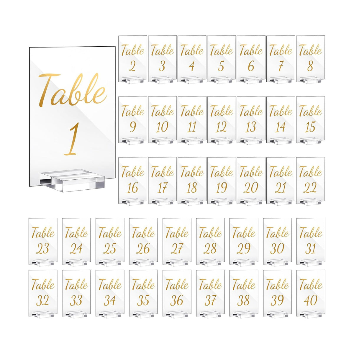 40 Pack Gold Acrylic Wedding Table Numbers 1-40 Clear Stand with Calligraphy Holders - 5 x 7 Inch Acrylic Table Signs