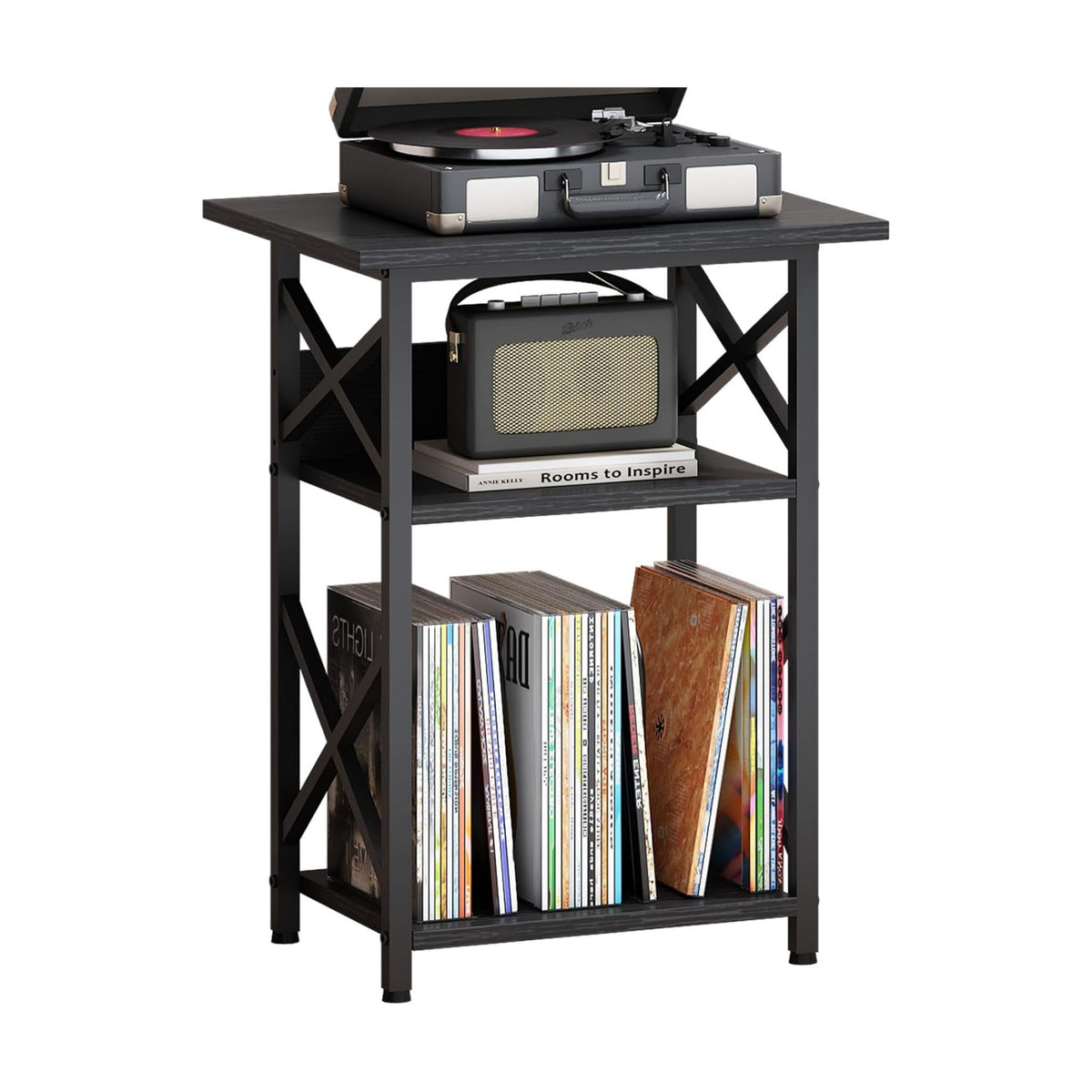 Record Player Stand with Large Desktop, Record Player Table with Vinyl Storage, 3 Tier End Table with Dividers