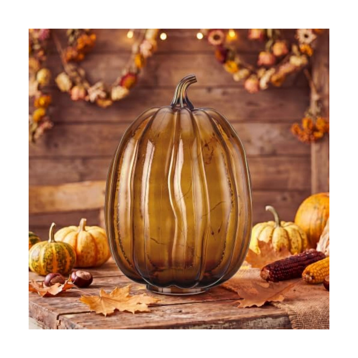 Glooglitter Mercury Glass Pumpkin Light LED Fall Lamp, Oval, Amber, Large