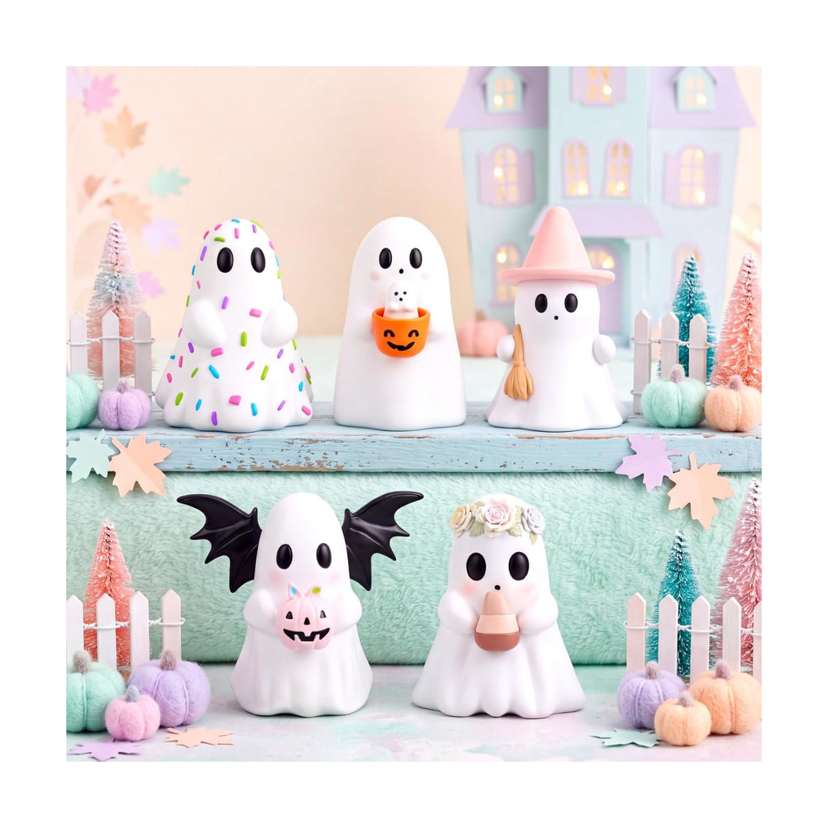 Simgoing 5 Pcs Pastel Ghost Figurines Cute Pink Halloween Decorations