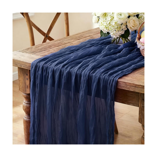Navy Blue Table Runner, 10FT Rustic Gauze Blue Table Runner 35*120inch Boho Table Runners for Wedding Bridal Shower Birthday Baby Shower Table Centerpiece Decorations
