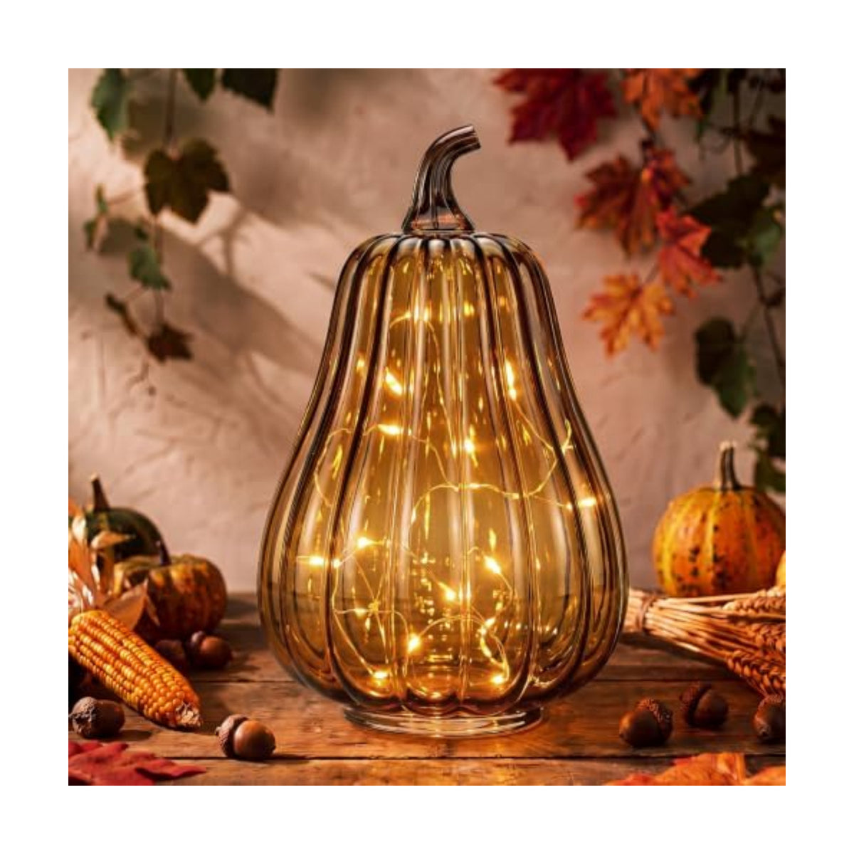 Glooglitter Mercury Glass Pumpkin Light LED Fall Lamp, Gourd, Amber, Middle