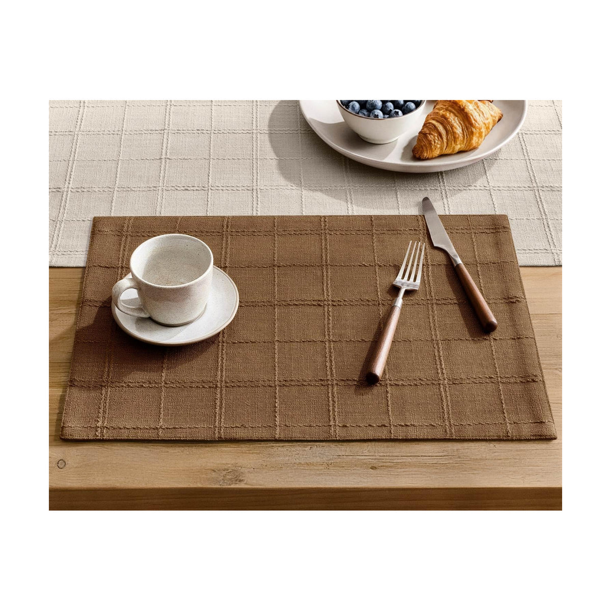 Linen Checked Farmhouse Placemats Set of 6, Roasted Brown 13x19in | Double Layer, Reversible, Thick Textured Table