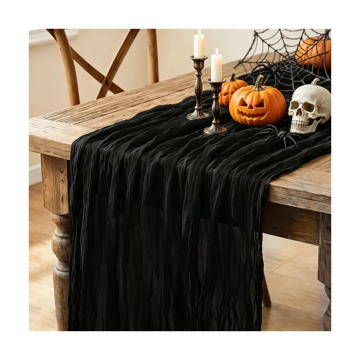 3Pcs Black Table Runner, 10FT Black Cheesecloth Halloween Table Runner 35*120inch Boho Runner for Halloween Indoor Table Kitchen Party Decorations