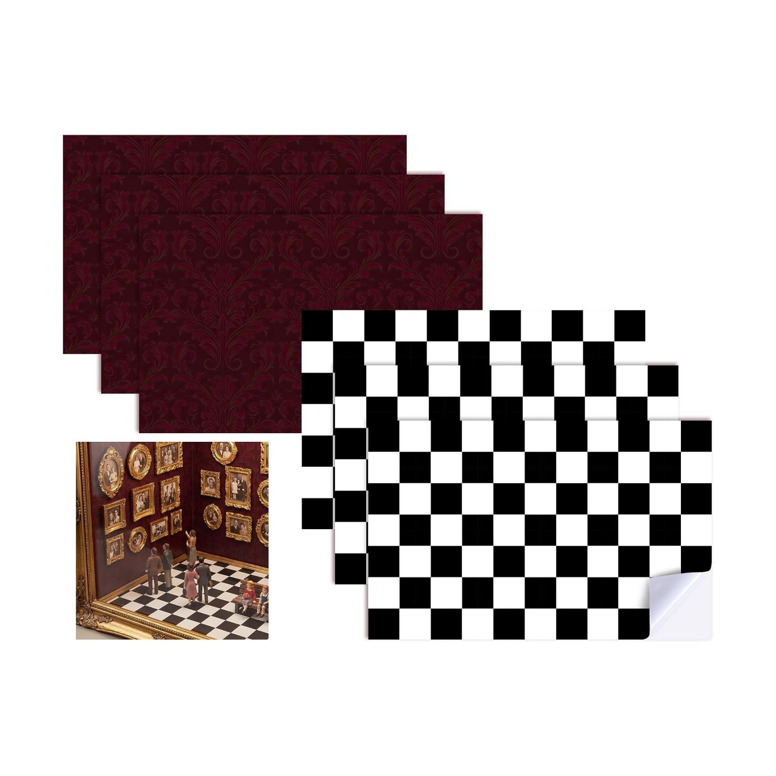 6 Sheets Miniature Model Wallpaper & Flooring Set / Red,black White / Checkered Style